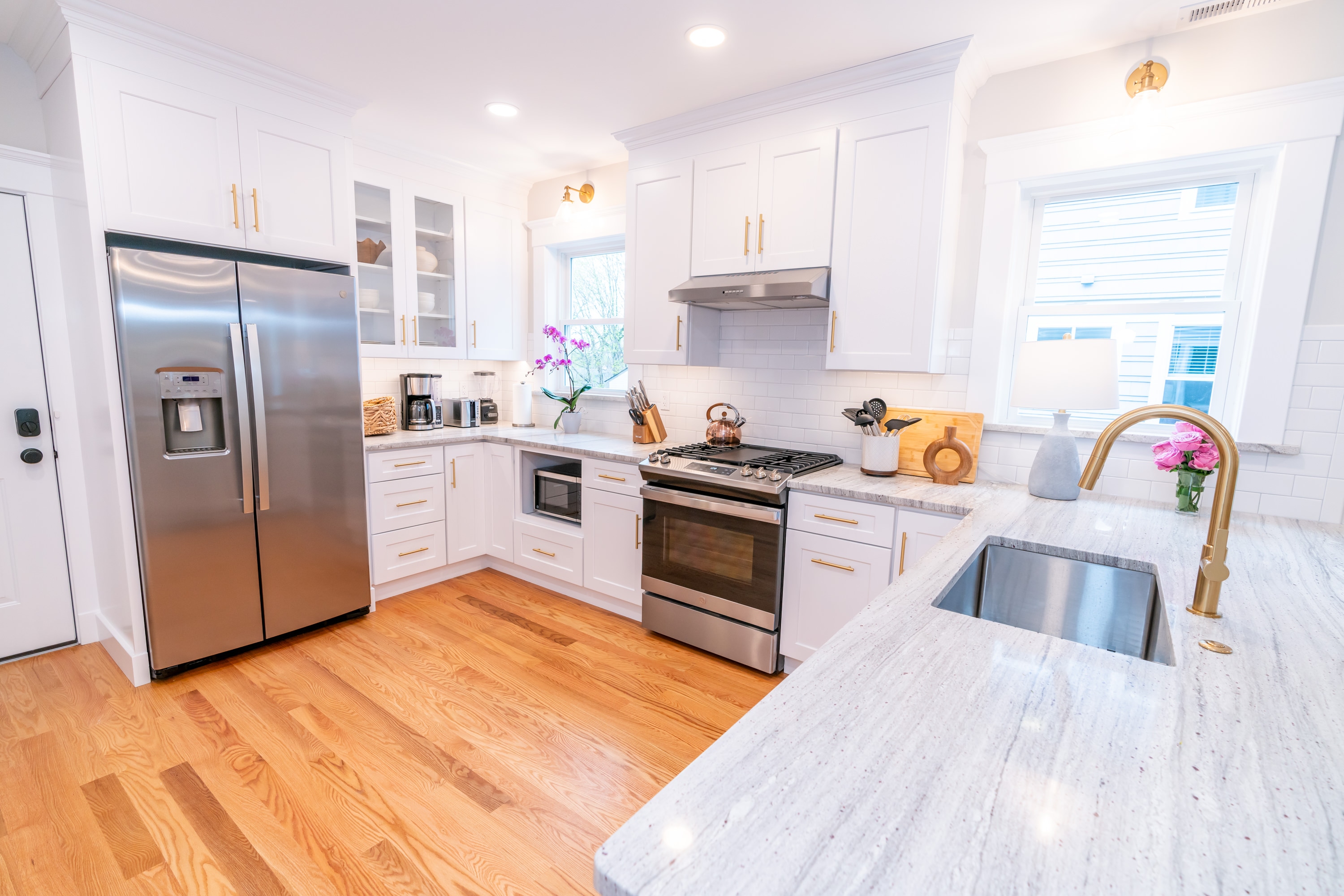 Modern kitchen with granite countertops and stainless steel appliances